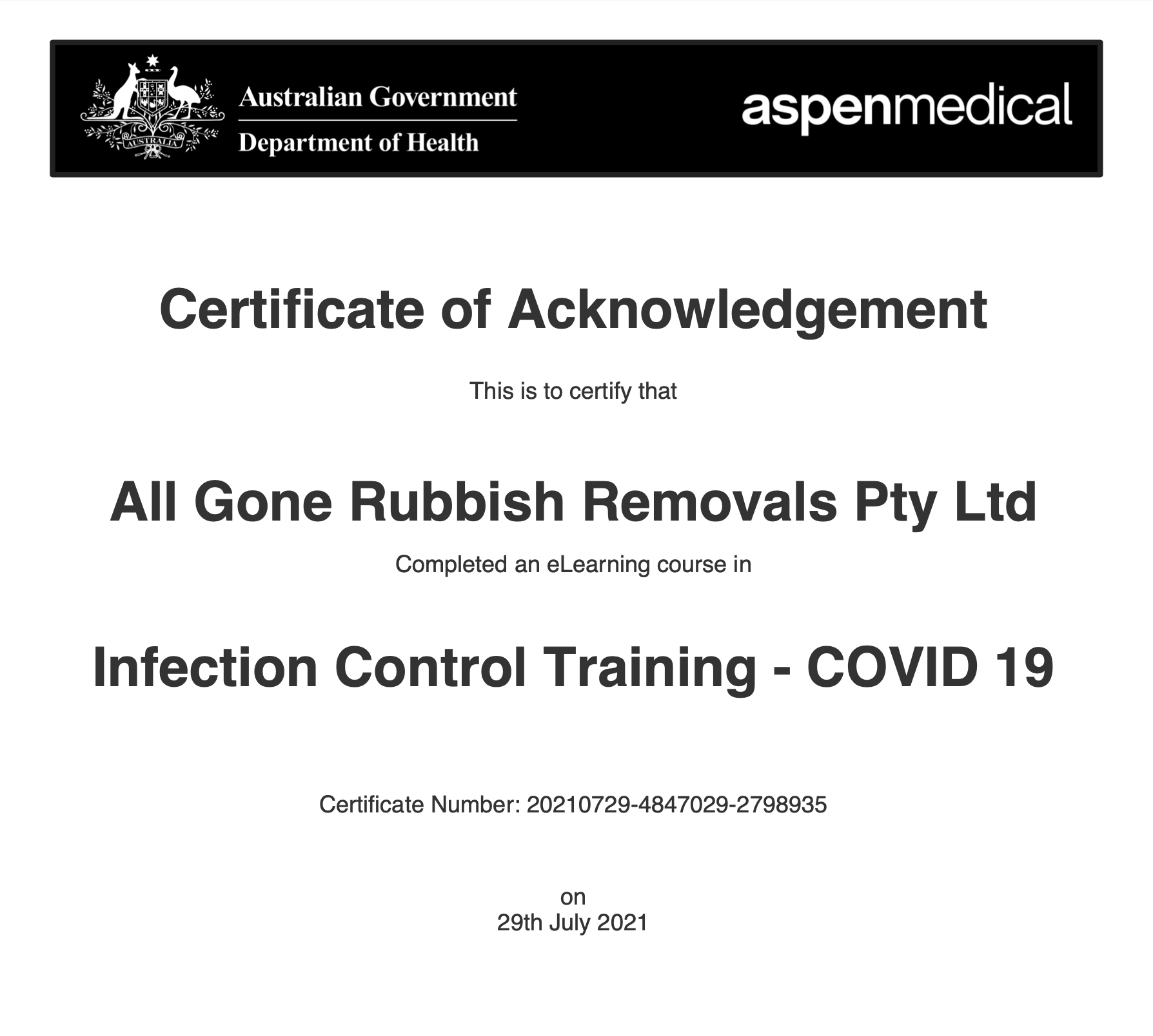 Covid 19 Safe Certificate